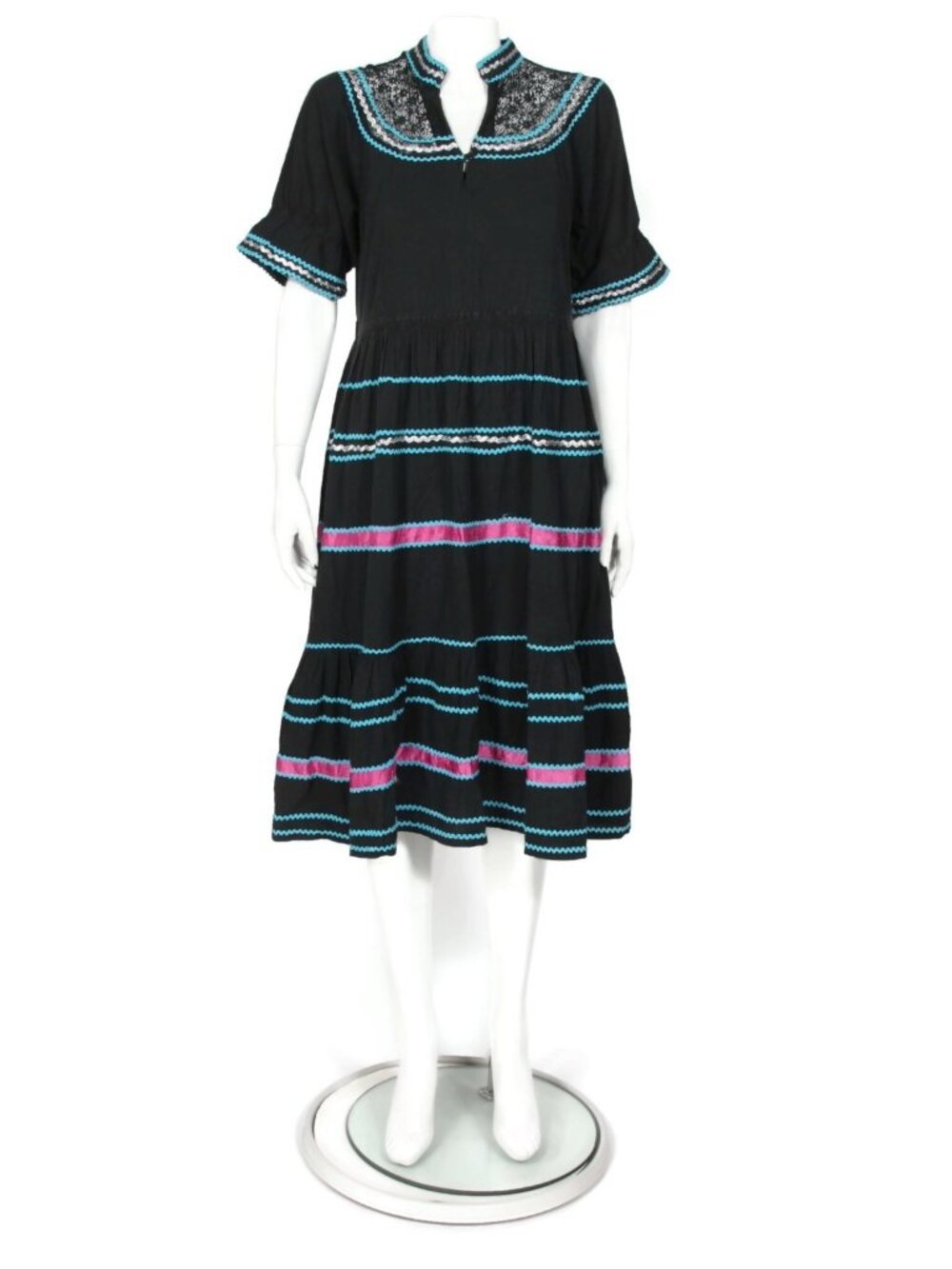 Vintage 1970s Black Tiered Lace Back Scalloped Trim Cotton Dress size Small /266